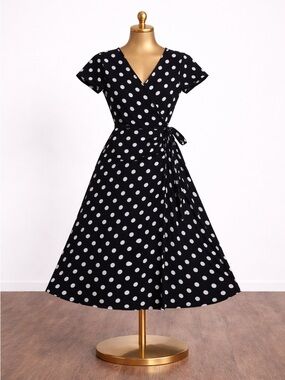 Boohoo Black and White Polka Dot Midi Wrap Dress